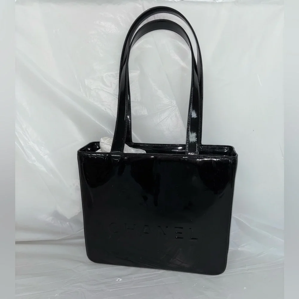 Authentic Chanel Black Patent Logo Tote Bag